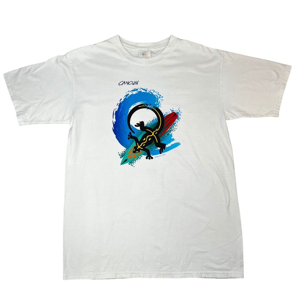 Vintage 2000 Mussfeldt Design Cancun Surfing Lizard T-Shirt White Mens Medium